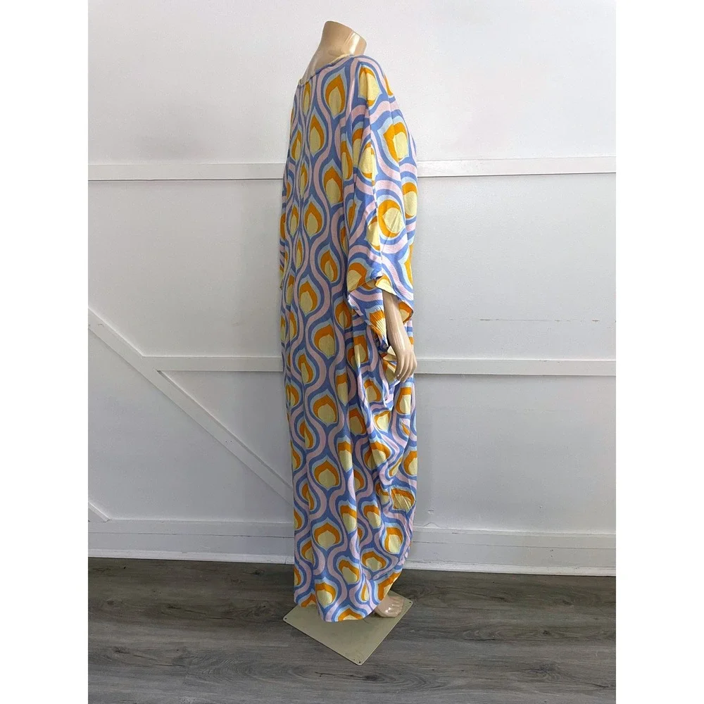 Free People Kaftan Maxi Dress Retro Geometric Print Blue Orange V-Neck OS
